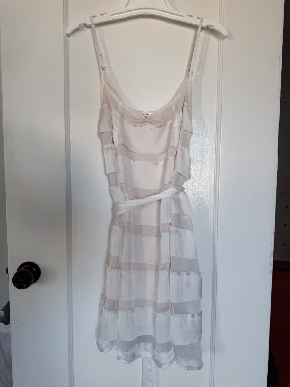 Esley Ivory Sheer Tiered Ruffle Dress with Tie Waist – Size M